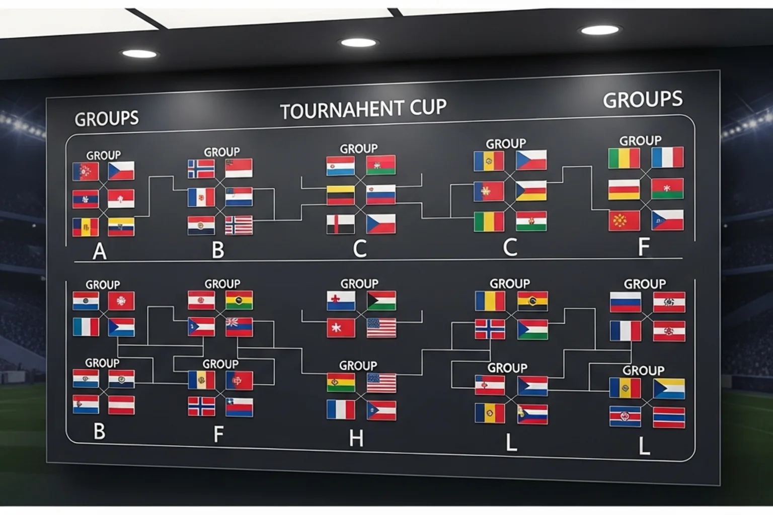 Tableau des 12 groupes de la Coupe du Monde 2026 avec drapeaux des nations
