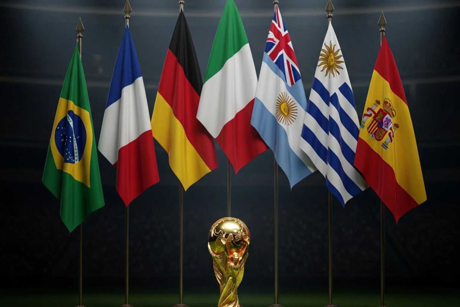 Drapeaux des huit nations championnes du monde de football avec le trophée FIFA