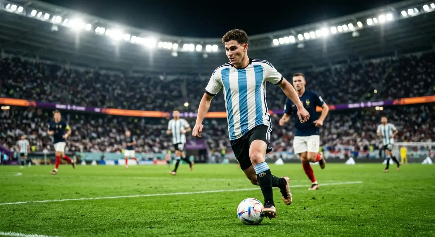 Un meneur de jeu argentin en maillot rayé conduit le ballon lors d'un match de Coupe du Monde en soirée