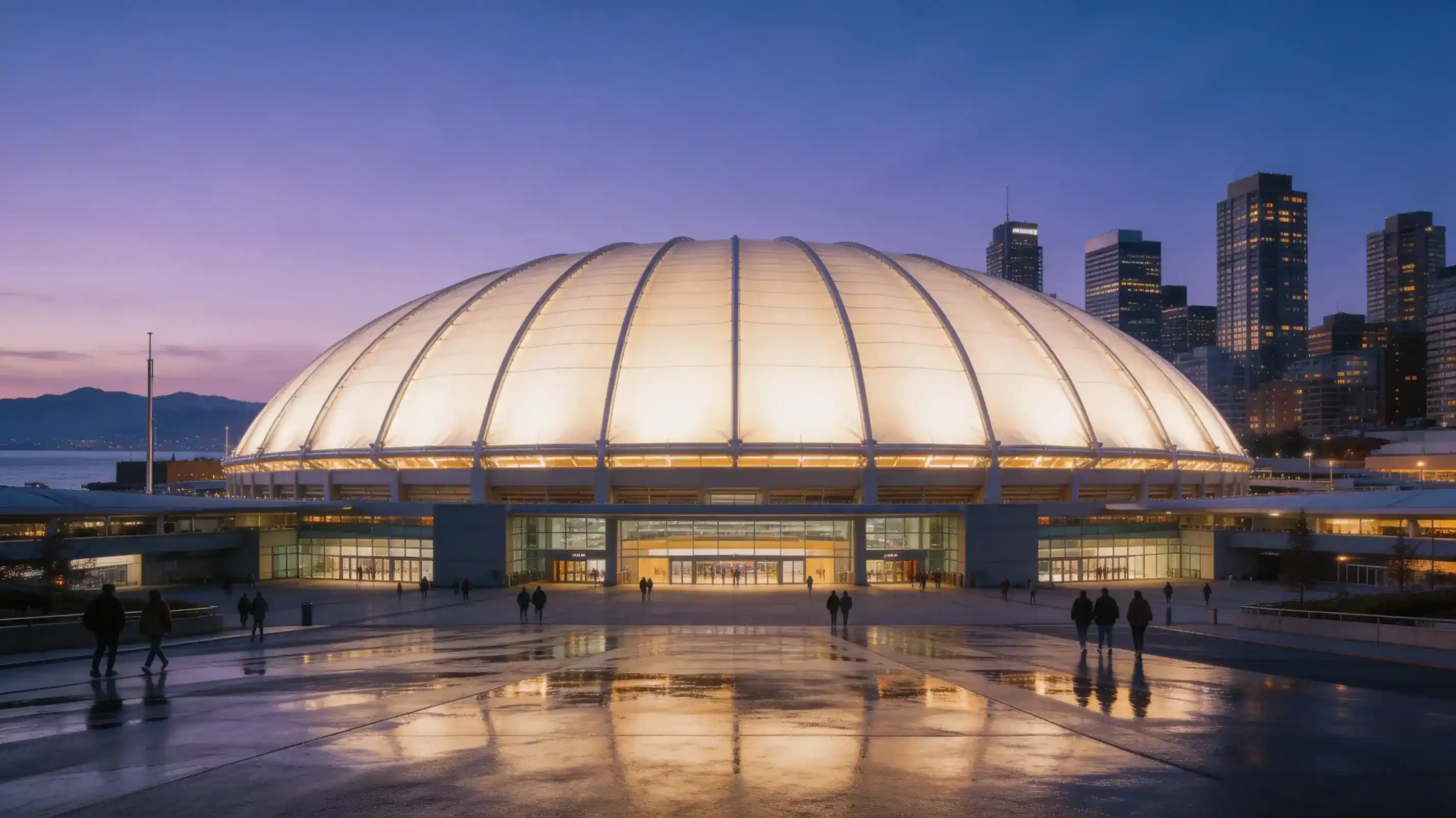Vue extérieure du BC Place Vancouver avec son toit rétractable illuminé, stade hôte de la Coupe du Monde 2026