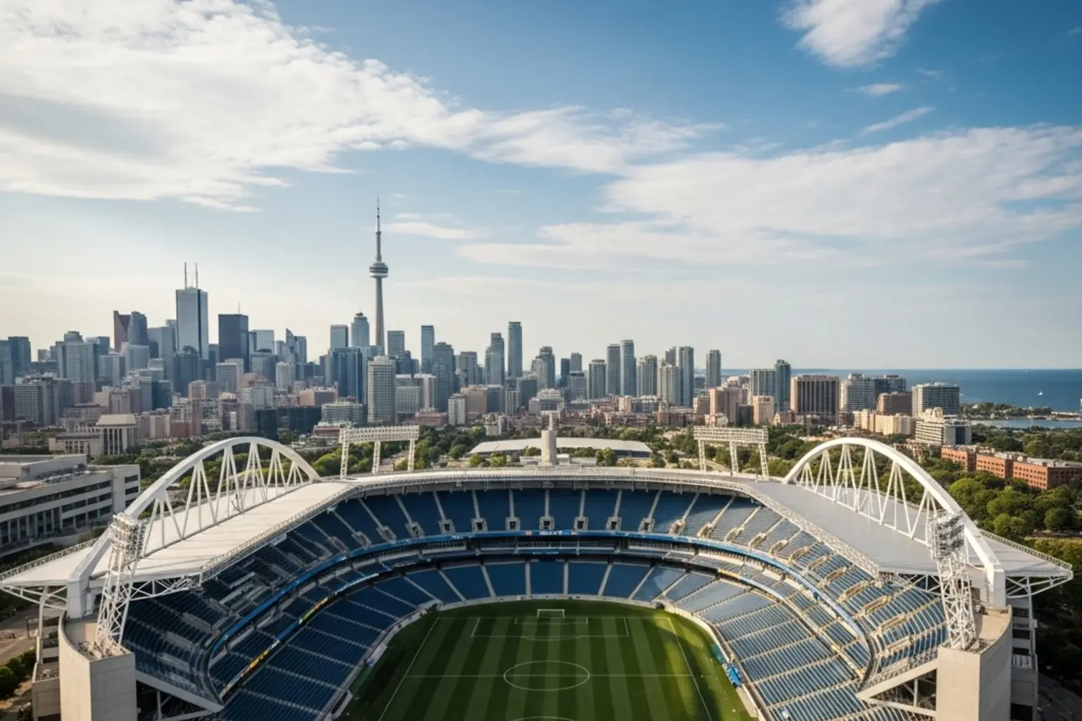 Vue aérienne du BMO Field de Toronto avec le centre-ville en arrière-plan, stade de la Coupe du Monde 2026