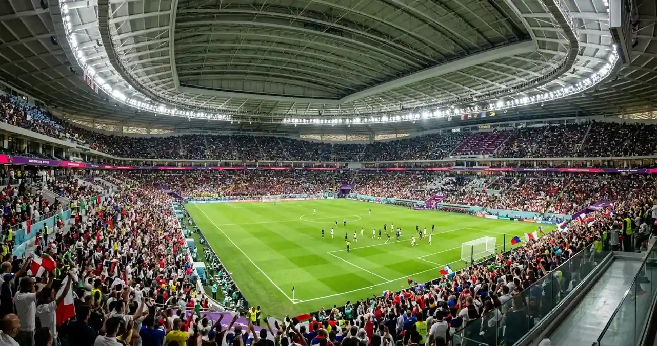 Supporters agitant des drapeaux dans un stade climatisé à toit rétractable lors d'un match de Coupe du Monde en journée