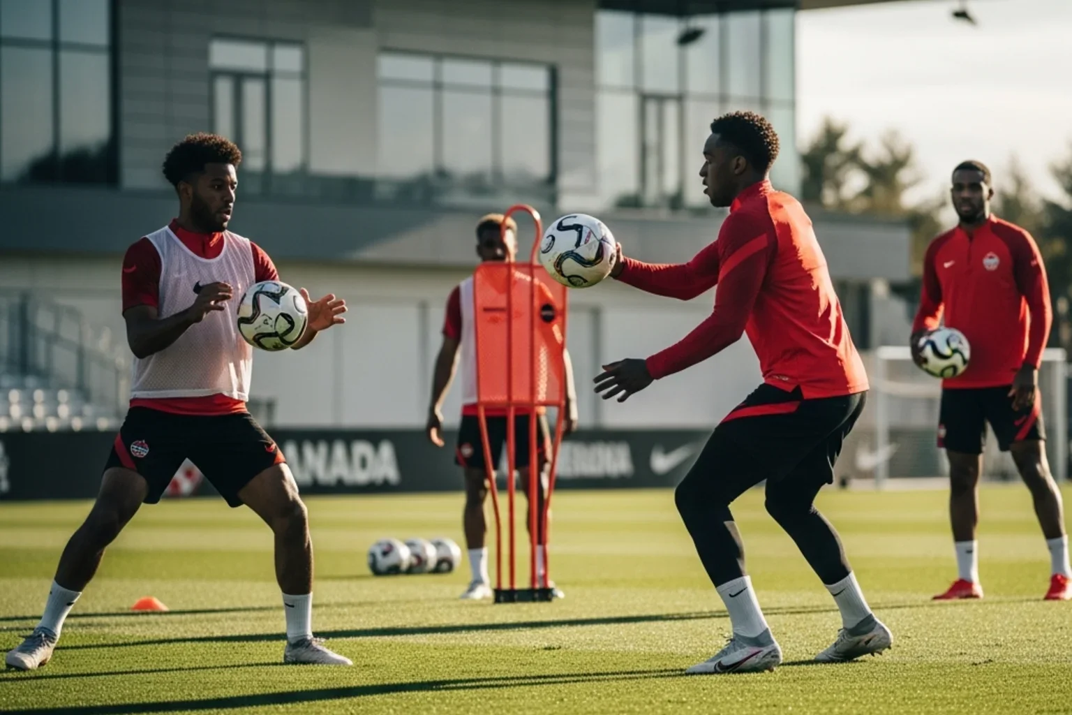 Joueurs de l'équipe nationale du Canada lors d'un entraînement sur gazon