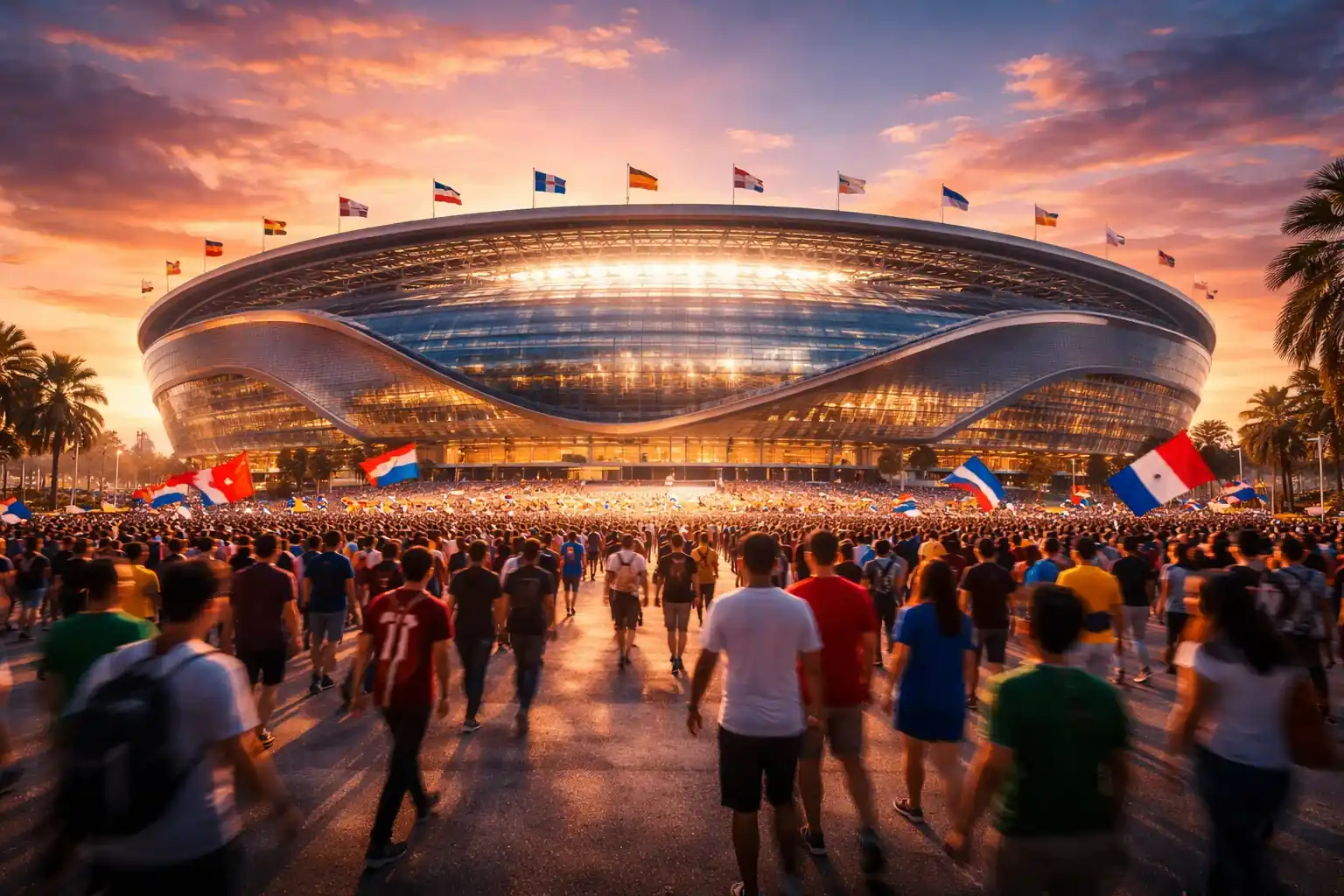 Les 48 équipes qualifiées pour la Coupe du Monde 2026 représentées par leurs drapeaux nationaux sur fond de stade