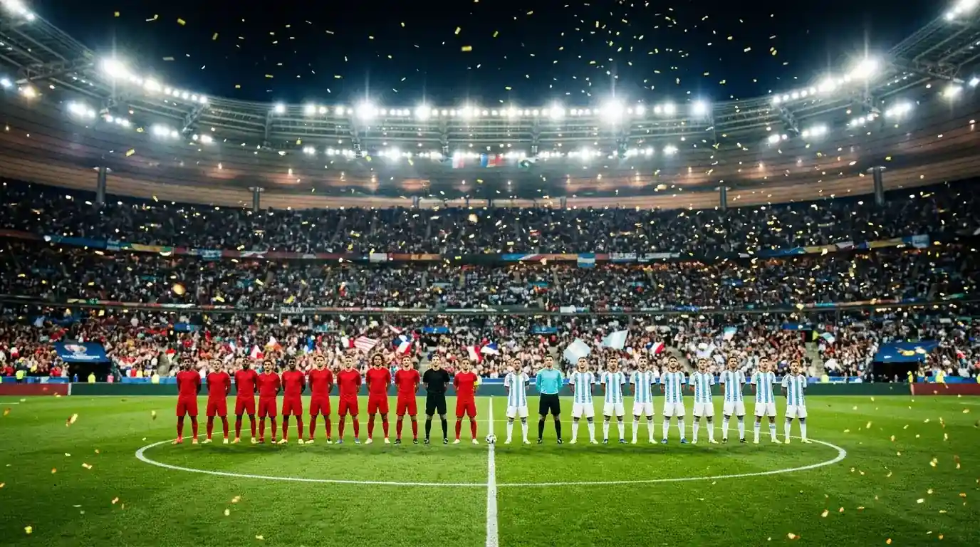 Deux équipes alignées au centre d'un stade plein et illuminé avant la finale, confettis dorés dans l'air