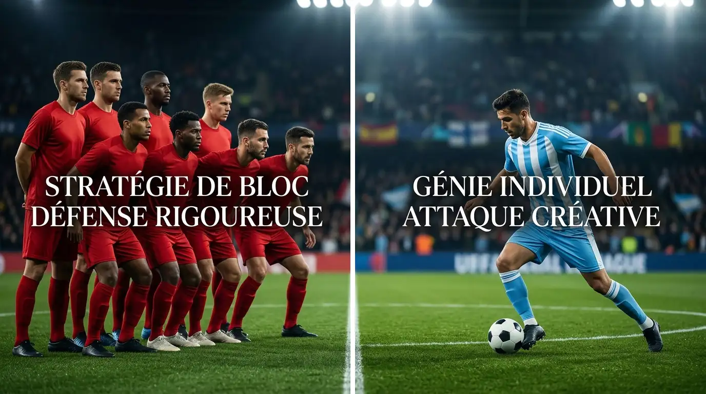 Confrontation symbolique de deux équipes sur une pelouse éclairée — défense disciplinée contre meneur de jeu