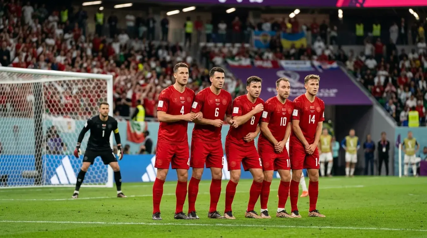 Défenseurs en maillot rouge formant un bloc compact devant leur gardien lors d'un match de Coupe du Monde
