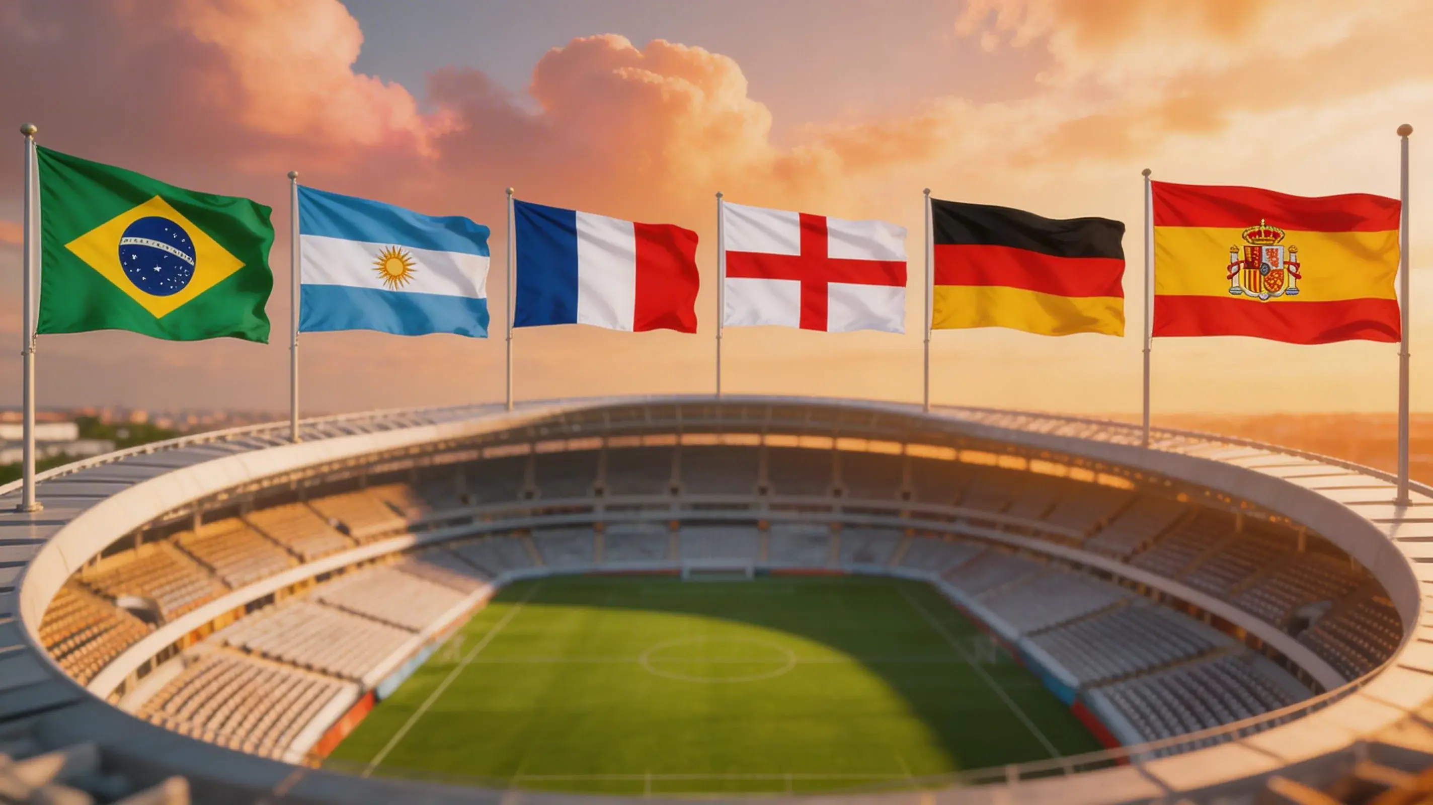 Drapeaux des nations favorites flottant au-dessus d'un stade de la Coupe du Monde