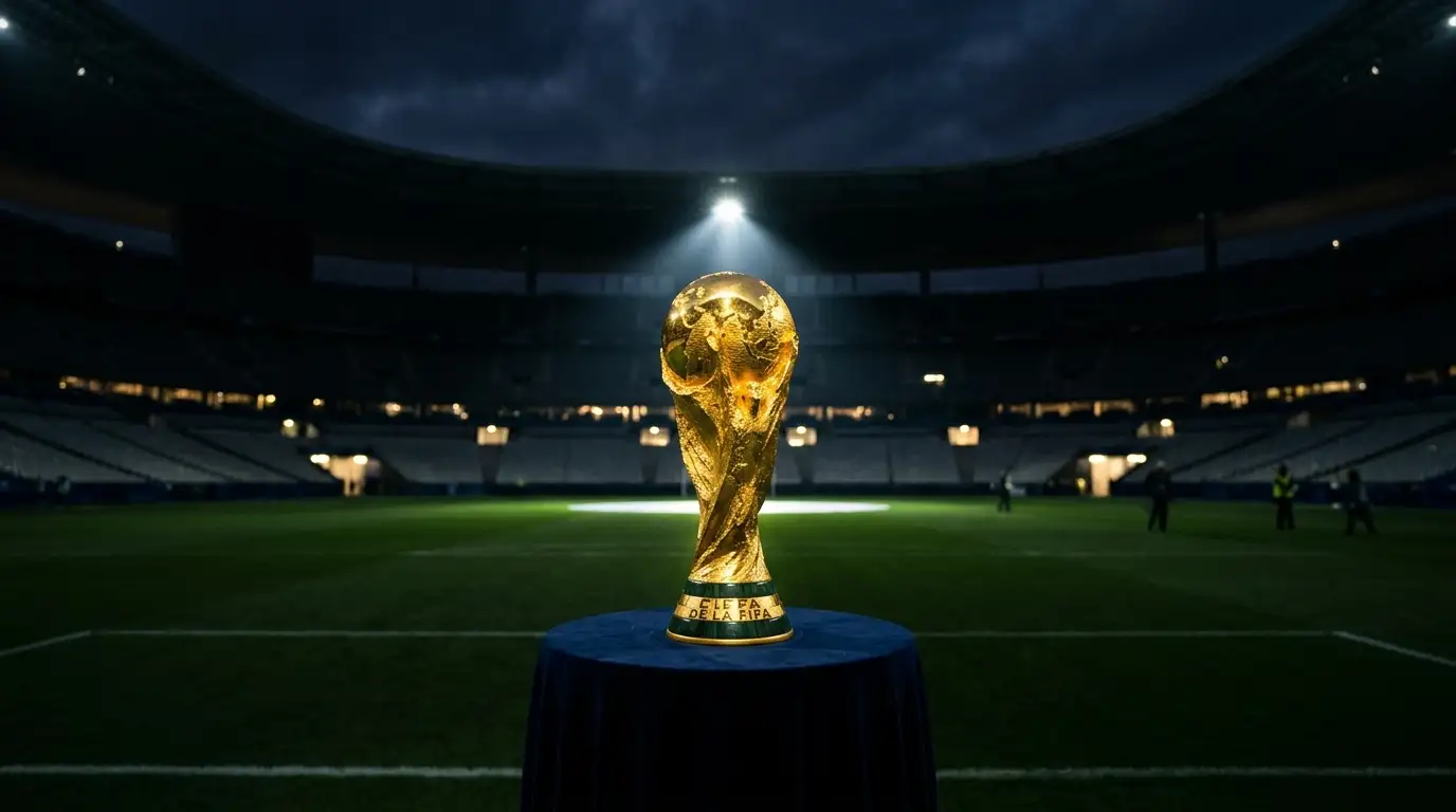 Trophée de la Coupe du Monde éclairé au centre d'un stade sombre, tribunes floues en arrière-plan