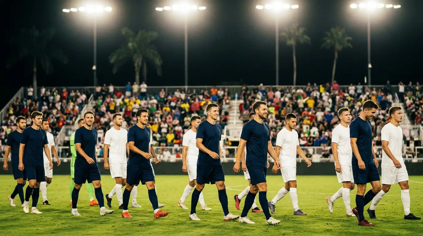 Deux équipes entrent sur une pelouse de stade illuminée le soir à Miami, palmiers flous derrière les tribunes