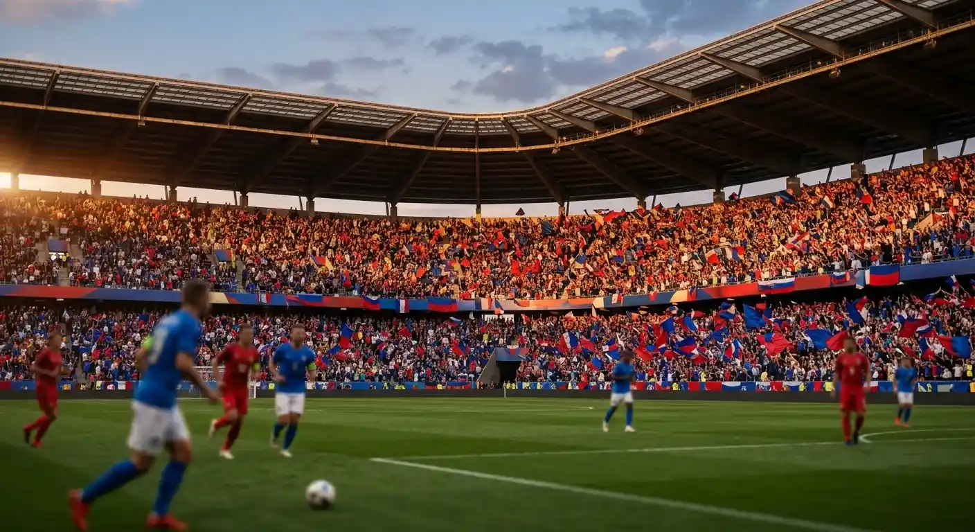 Ambiance de stade lors d'un quart de finale de Coupe du Monde, tribunes remplies de drapeaux bleus et rouges sous un ciel d'été
