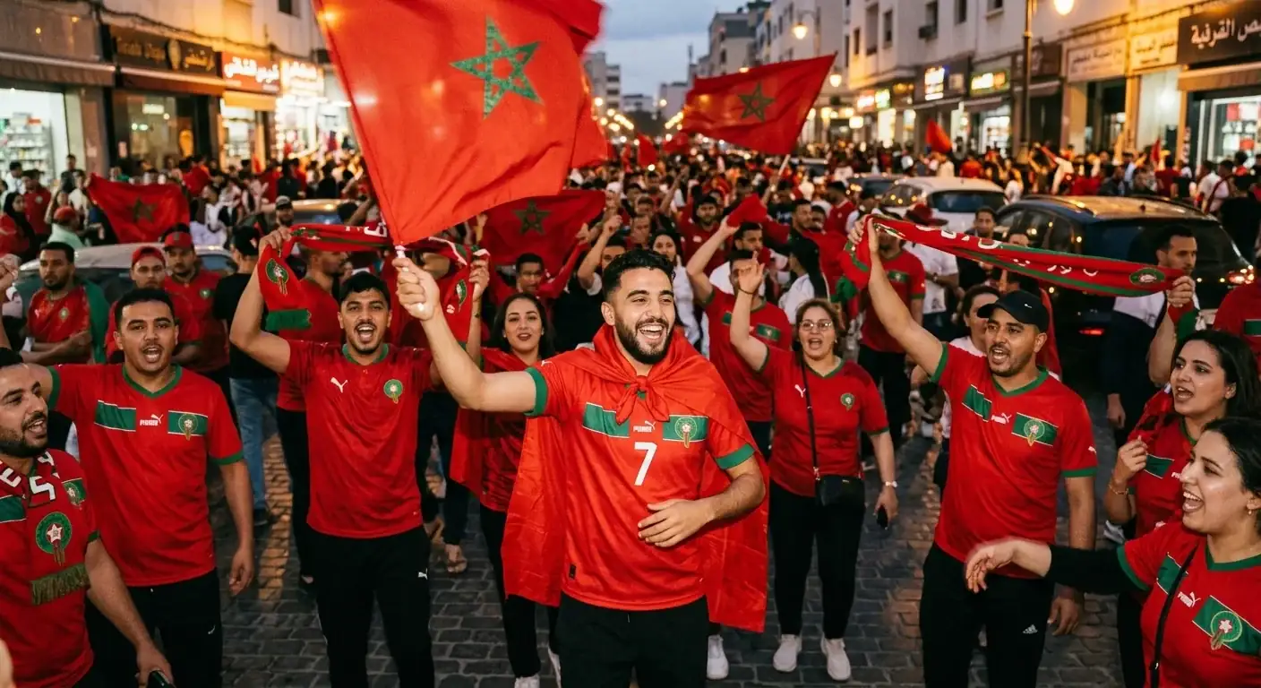 Des partisans en maillot rouge du Maroc agitent des drapeaux dans une rue de Montréal, ambiance de fête