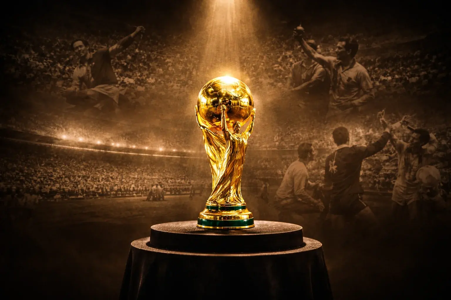 Trophée de la Coupe du Monde FIFA sur fond de moments historiques du football