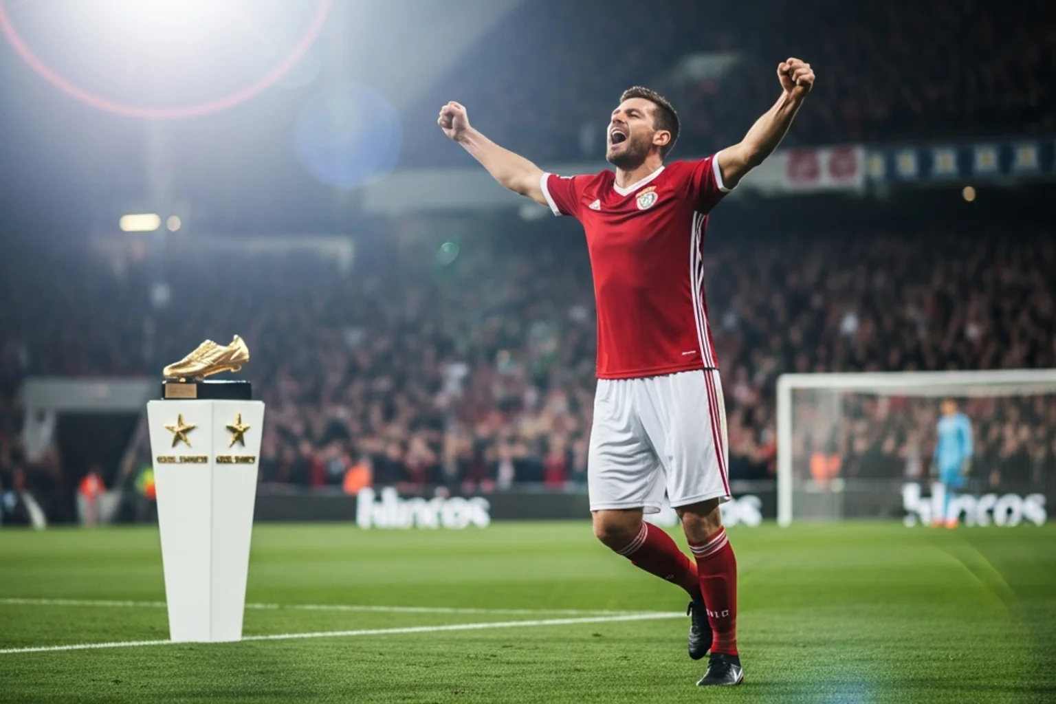 Attaquant de football célébrant un but avec le Soulier d'Or en arrière-plan