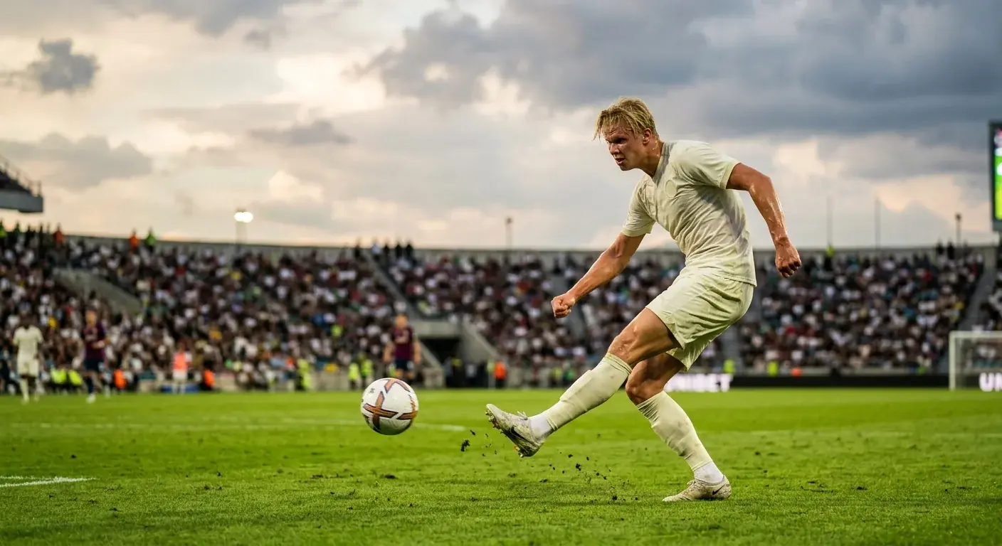 Un attaquant de grande taille en maillot clair frappe au but sous la pluie chaude d'un stade de Coupe du Monde