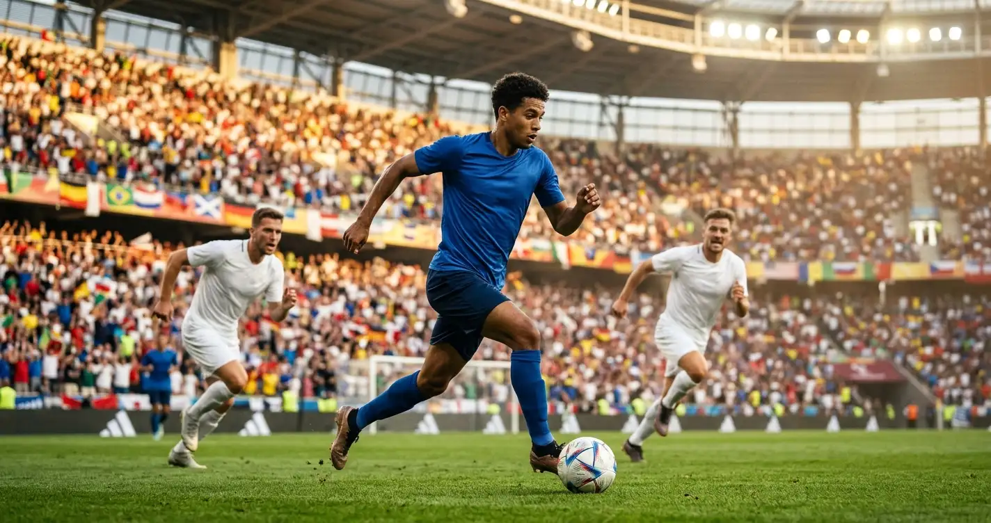 Un attaquant en maillot bleu file balle au pied lors d'un match de Coupe du Monde sous une lumière de fin d'après-midi