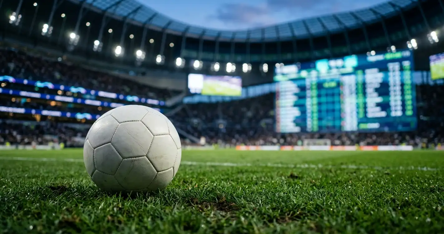Ballon officiel posé sur la pelouse devant un tableau de cotes lumineux dans un stade au crépuscule