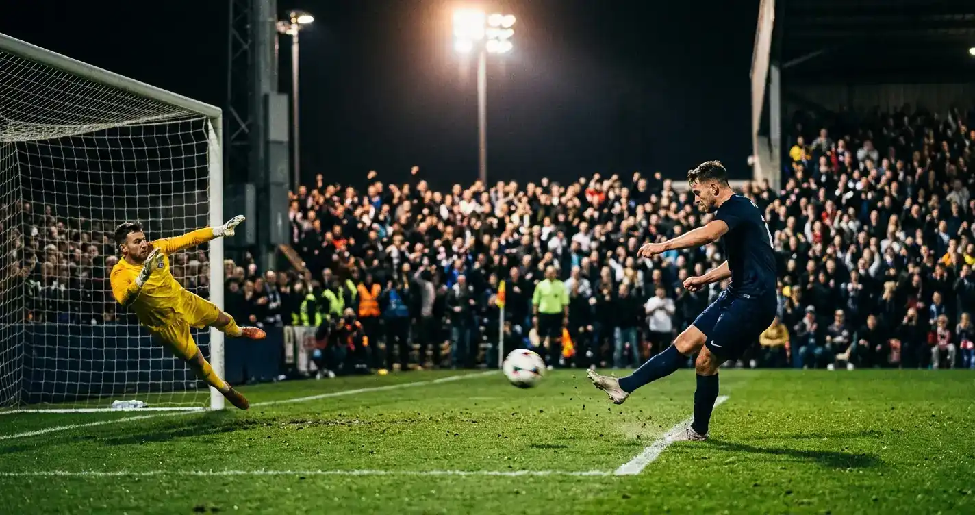 Un joueur transforme un penalty décisif sous les projecteurs d'un stade de Coupe du Monde en soirée