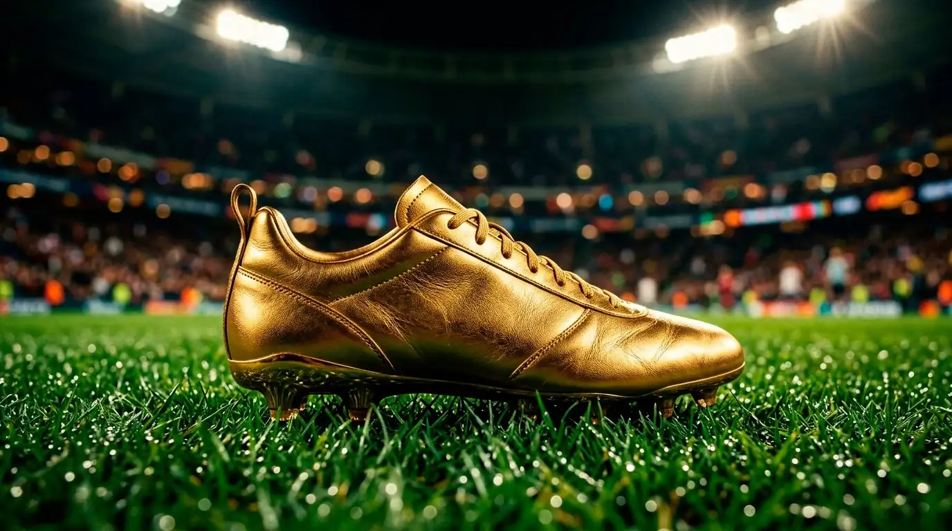 Chaussure de soccer dorée posée sur la pelouse sous les projecteurs d'un stade de Coupe du Monde