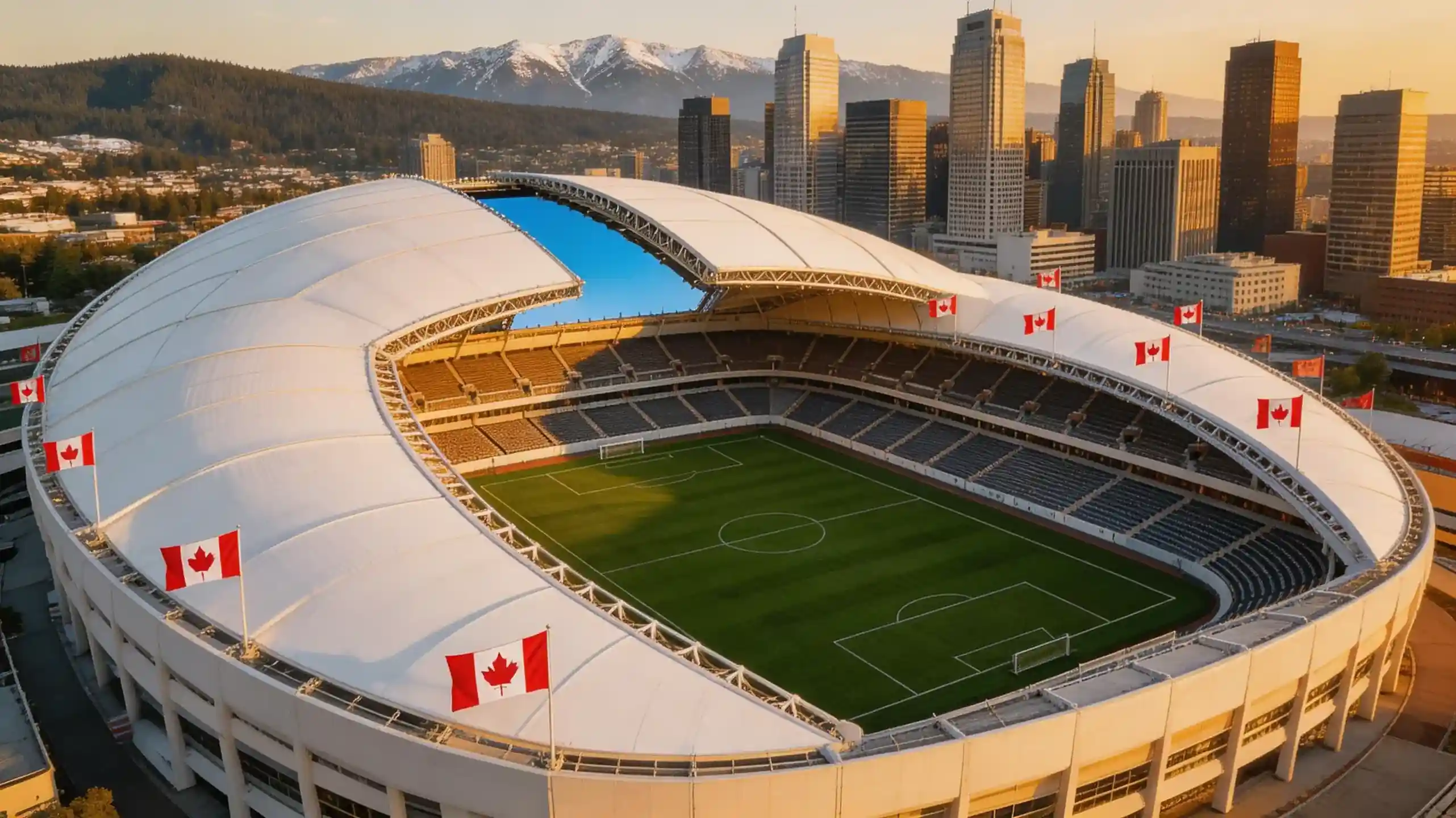 Vue aérienne du stade BC Place à Vancouver avec son toit rétractable ouvert