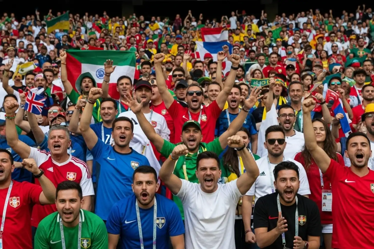 Supporters de plusieurs nations dans les tribunes d'un stade lors du Mondial