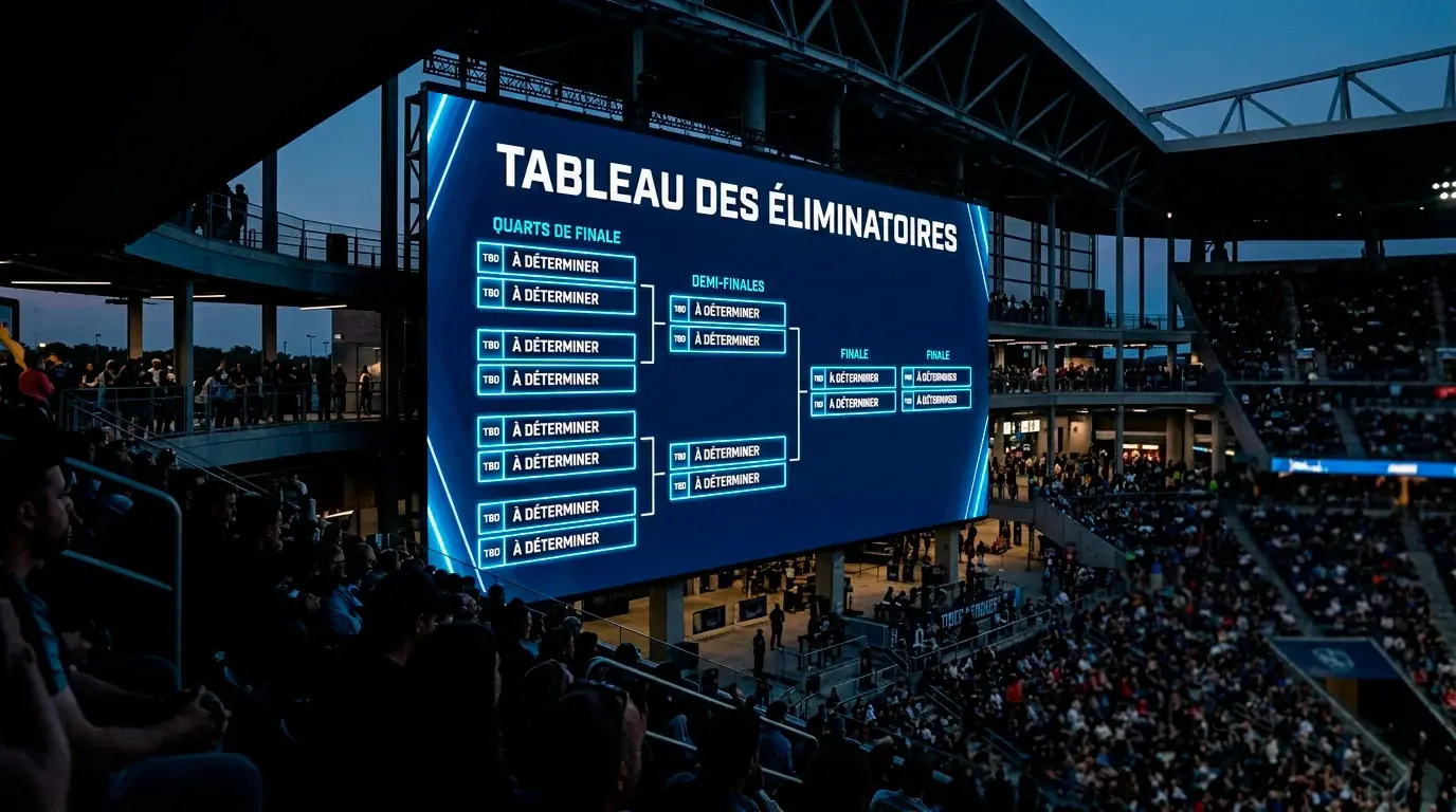 Tableau des 16es de finale du Mondial 2026 en cours de formation sur un écran géant de stade