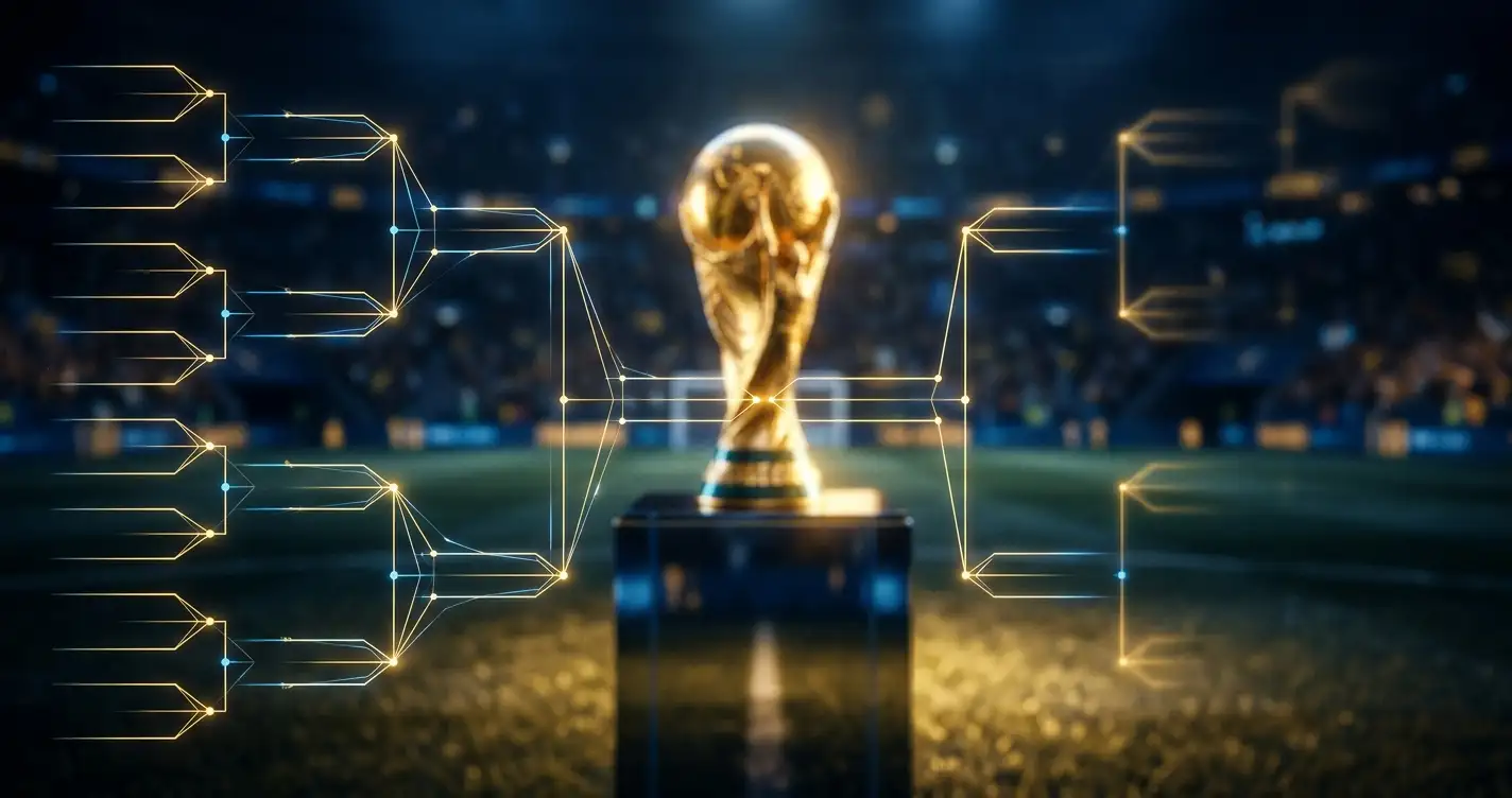Illustration d'un tableau à élimination directe de tournoi de football avec un trophée en arrière-plan lumineux