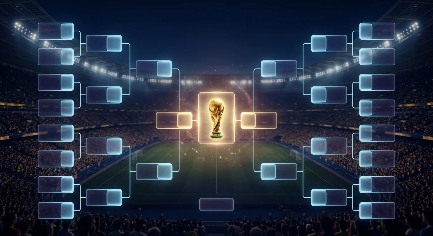 Illustration d'un tableau d'élimination de Coupe du Monde avec un trophée doré au centre, ambiance stade nocturne