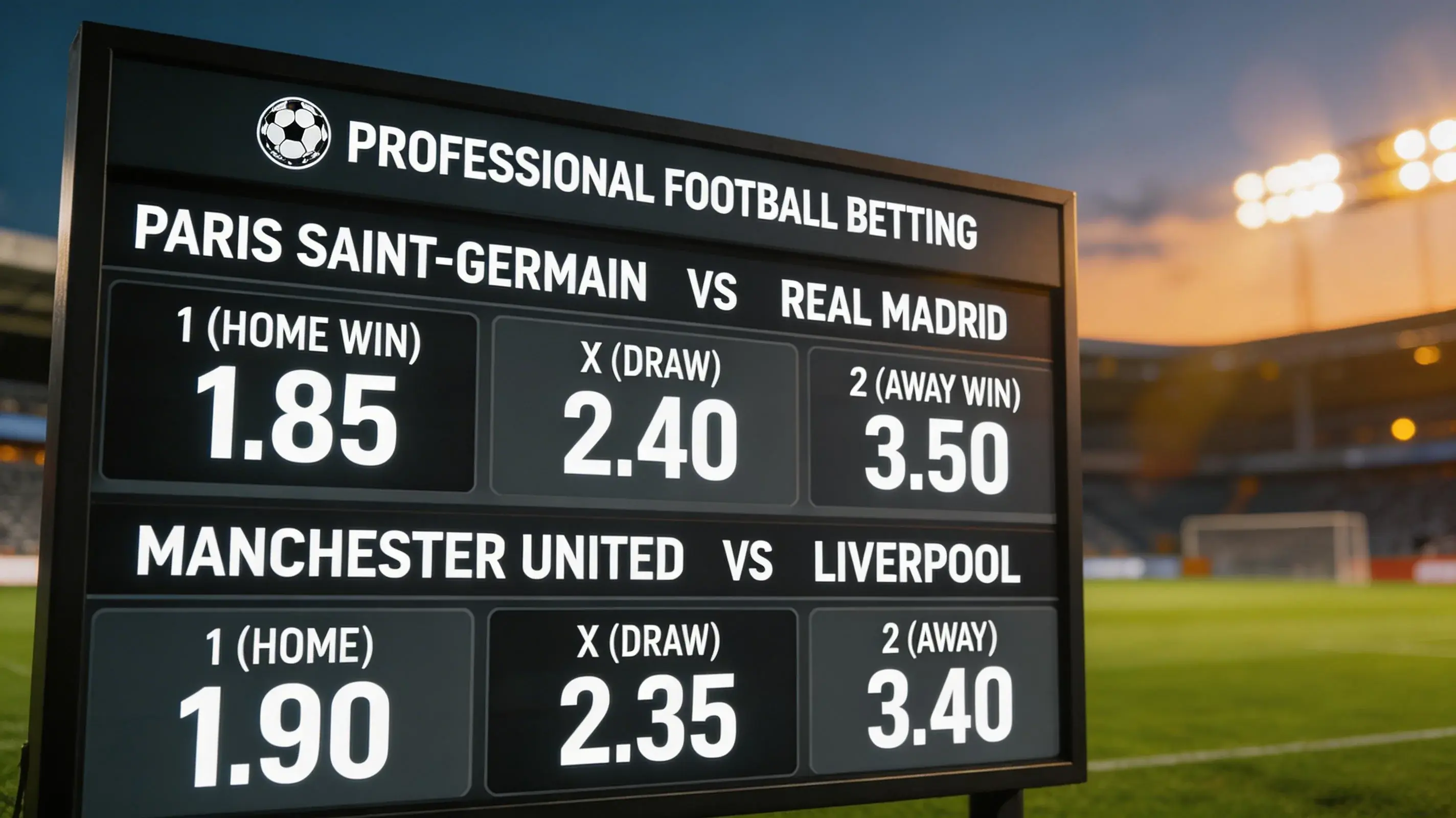Terrain de football avec tableau de différents types de paris sportifs pour la Coupe du Monde 2026